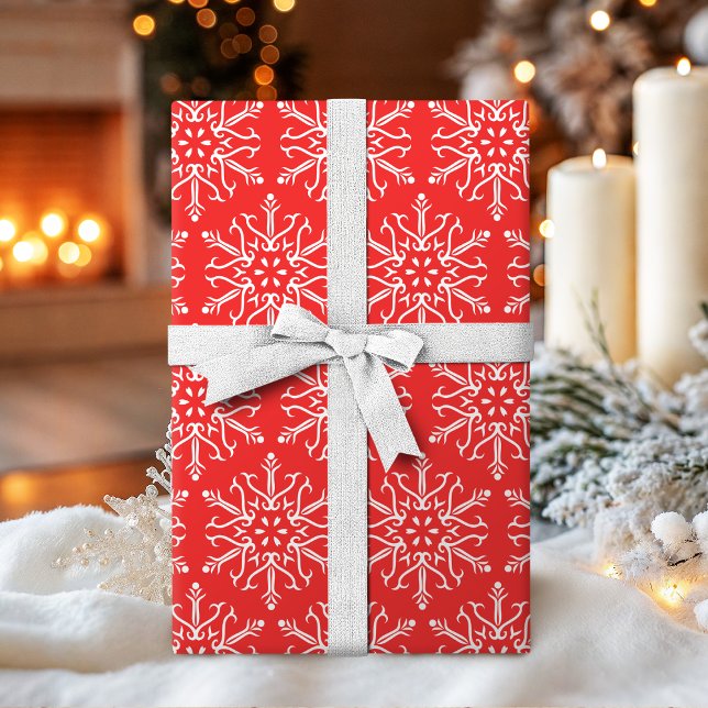Papel De Regalo Navidades de copos de nieve rojos modificables en  (Color Editable Red Snowflakes Christmas Wrapping Paper)
