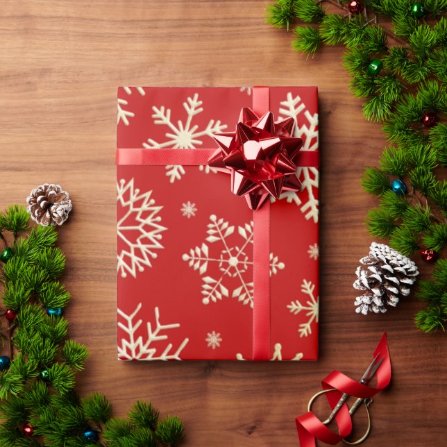 Papel De Regalo Navidades de copos de nieve rojos y dorados envuel (Regalo de vacaciones)