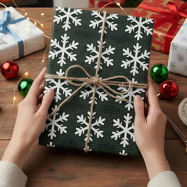 Papel De Regalo Navidades de copos de nieve rústicos, verdes y neg