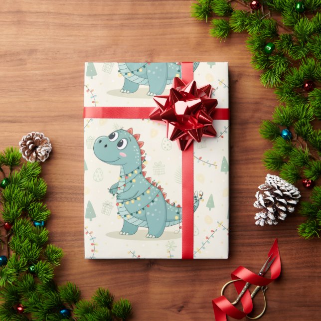 Papel De Regalo Navidades de Cute Dino iluminan a niños (Regalo de vacaciones)
