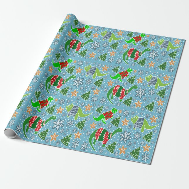 Papel De Regalo Navidades de dinosaurios azules (Desenrollado)
