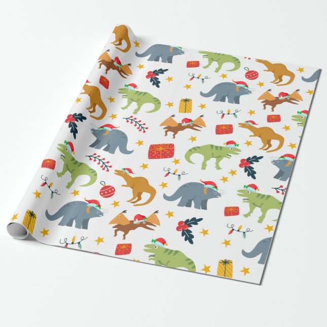 Papel De Regalo Navidades de dinosaurios Patrón Santa Hat, blanco (Desenrollado)