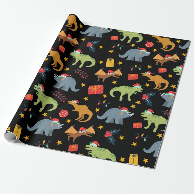 Papel De Regalo Navidades de dinosaurios Patrón Santa Hat, negro (Desenrollado)