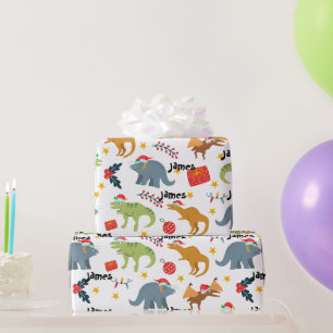 Papel De Regalo Navidades de dinosaurios Patrón Santa Hat y nombre