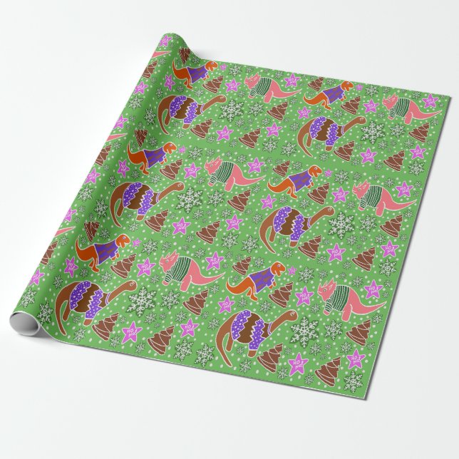 Papel De Regalo Navidades de dinosaurios verdes (Desenrollado)