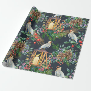 Papel De Regalo Navidades de diseño de pájaros acuarelas y faroles