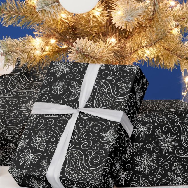 Papel De Regalo Navidades de Doodle en blanco y negro Patrón Sleig (Subido por el creador)
