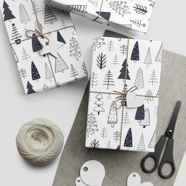 Papel De Regalo Navidades de Doodle modernos árboles de pino silve (Modern Doodle Christmas Wild Forest Pine Trees Wrapping Paper:)