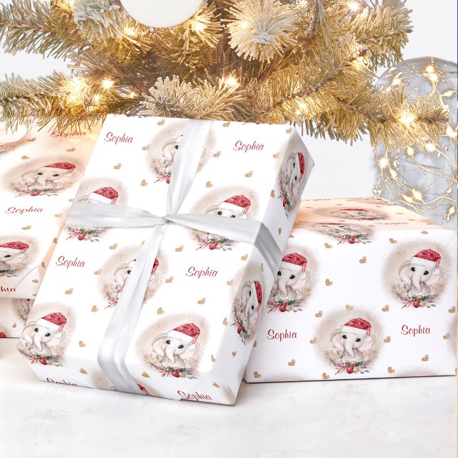 Papel De Regalo Navidades de elefante lindo Chica envolver nombre  (Cute Elephant Girl Christmas Wrapping Paper Name)