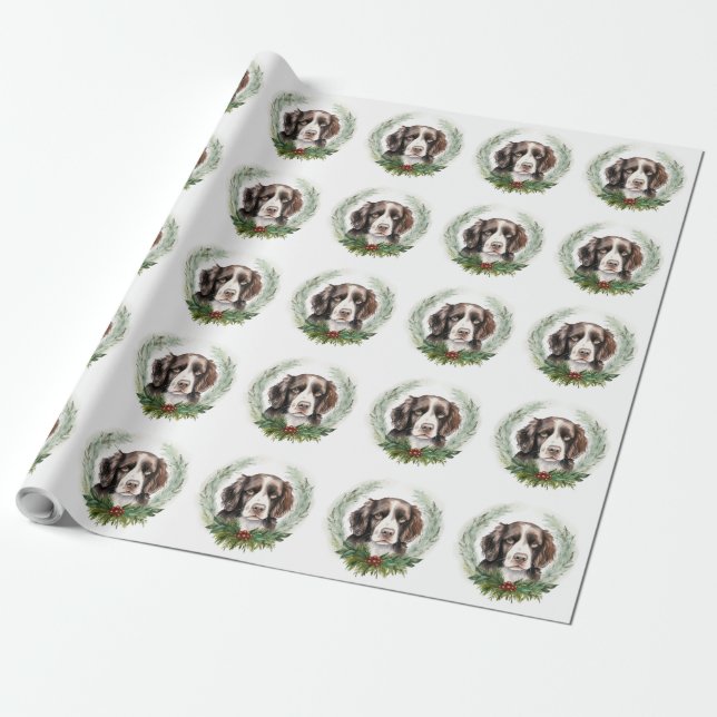 Papel De Regalo Navidades de espaniel Springer Wreath Festive Pup (Desenrollado)