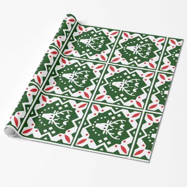 Papel De Regalo Navidades de estilo nórdico Holiday Reindeo Verde  (Desenrollado)