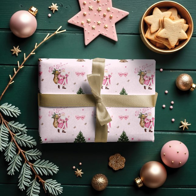 Papel De Regalo Navidades de Fa La La Retro Rosa Santa Claus (Fa La La Retro Pink Santa Claus Christmas Vintage Wrapping Paper)