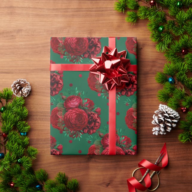 Papel De Regalo Navidades de feriado de Rosas florales rojos (Regalo de vacaciones)