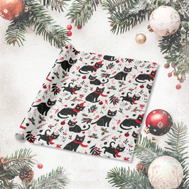 Papel De Regalo Navidades de gatos negros con retro lindo (Cute Black Cats Christmas Wrapping Paper roll)