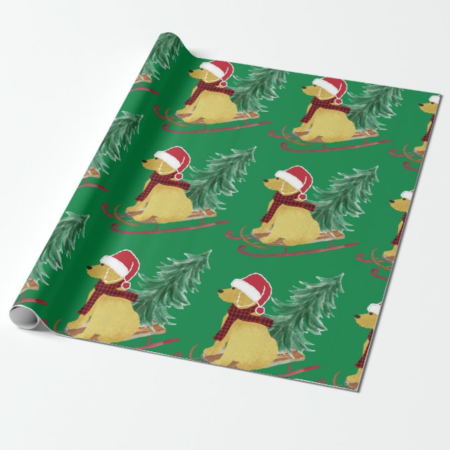 Papel De Regalo Navidades de Goldendoodle Sled Green (Desenrollado)