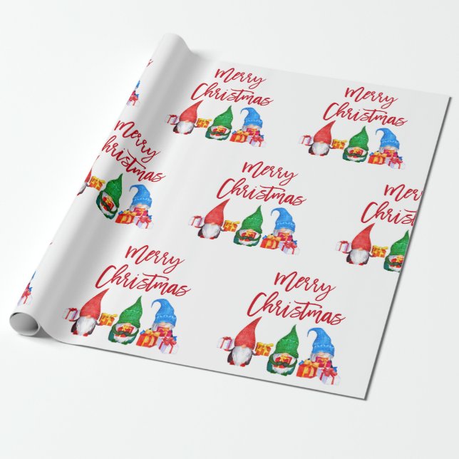 Papel De Regalo Navidades de guiones de pincel rojo acuarela gnomo (Desenrollado)