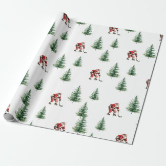 Papel De Regalo Navidades de hockey Santa y Pine Trees envueltos