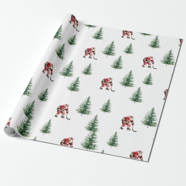 Papel De Regalo Navidades de hockey Santa y Pine Trees envueltos (Desenrollado)