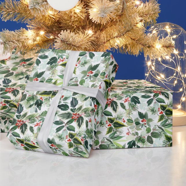 Papel De Regalo Navidades de hojas variadas acuarela Winterberry (Vacaciones)