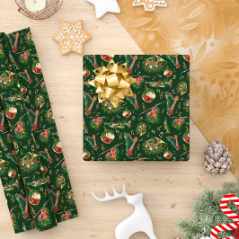 Papel De Regalo Navidades de instrumentos musicales patrón verde o
