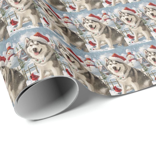Papel De Regalo Navidades de invierno de Alaskan Malamute Dog Wond (Esquina del rollo)