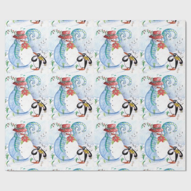 PAPEL DE REGALO NAVIDADES DE INVIERNO DE CUTE SNOWMAN & PENGUIN (Superficie plana)