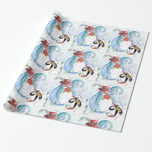 PAPEL DE REGALO NAVIDADES DE INVIERNO DE CUTE SNOWMAN & PENGUIN (Desenrollado)
