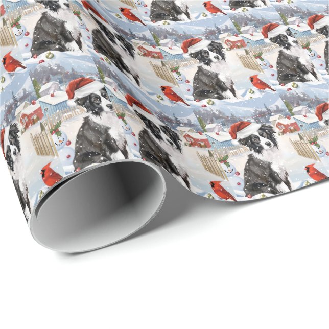 Papel De Regalo Navidades de invierno en la frontera de Collie Dog (Esquina del rollo)