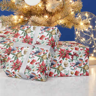 Papel De Regalo Navidades de invierno Red Robin Bird Watercolor