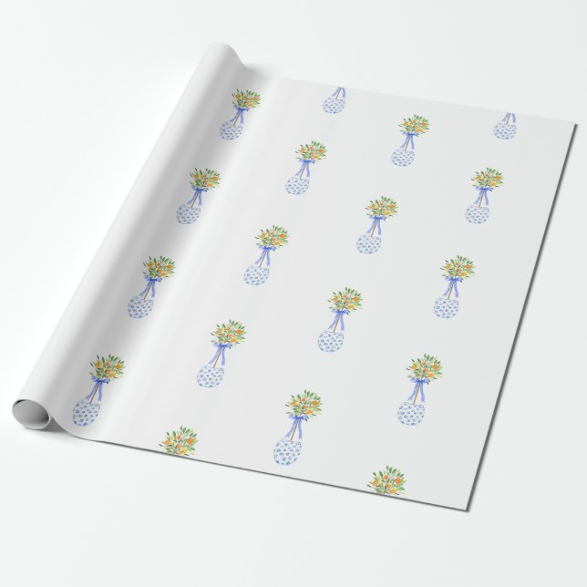 Papel De Regalo Navidades de la Chinoiserie azul blanco Naranja To (Desenrollado)