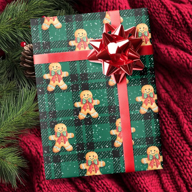 Papel De Regalo Navidades de la nevada del pan negro Tartán Green (Tartan Green Black Gingerbread Snowfall Christmas Wrapping Paper)