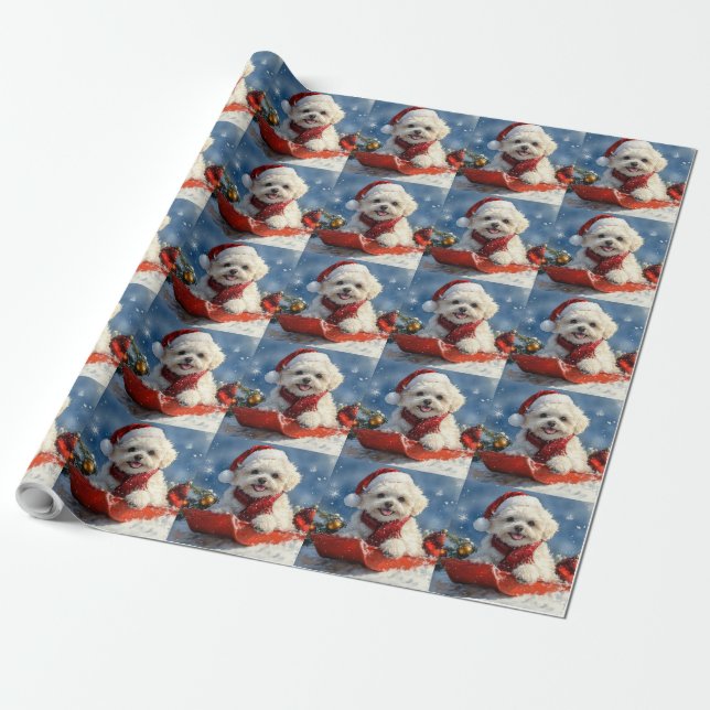 Papel De Regalo Navidades de la niebla de Bichon Frise Dog en Sled (Desenrollado)