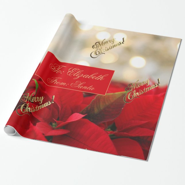 Papel De Regalo Navidades de la Poinsettia Roja Floral Faux Gold S (Desenrollado)