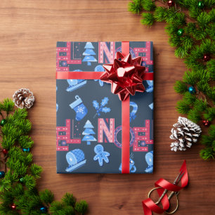 Papel De Regalo Navidades De Leer Noel Con Festividades Azules Y R
