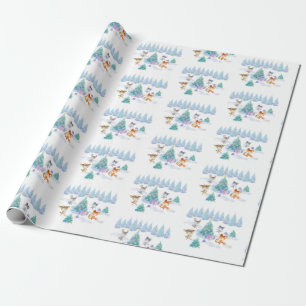 Papel De Regalo Navidades de los animales del bosque bailando acua