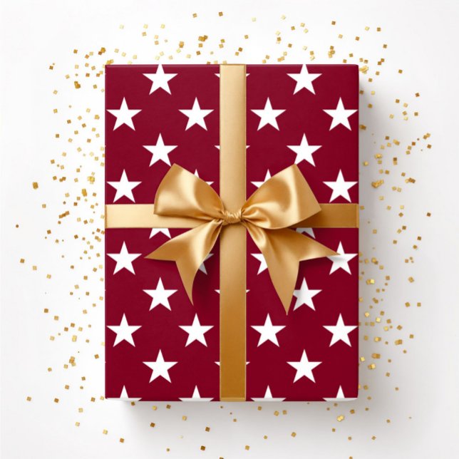 Papel De Regalo Navidades de los White Stars de Borgoña (Burgundy Red White Stars Christmas Wrapping Paper)