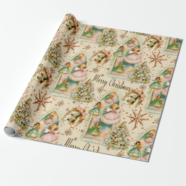 Papel De Regalo Navidades de Mediados del Siglo Pastel Angels Pape (Desenrollado)