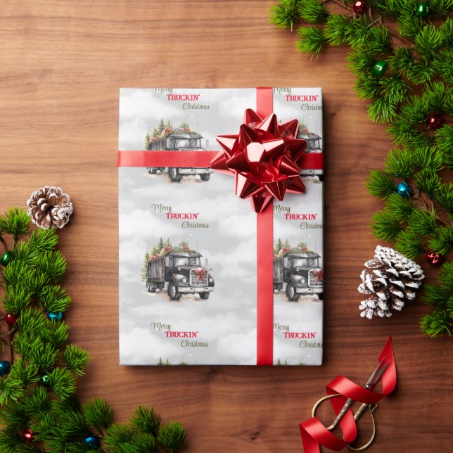 Papel De Regalo Navidades de Merry Truckin Black Semi (Regalo de vacaciones)