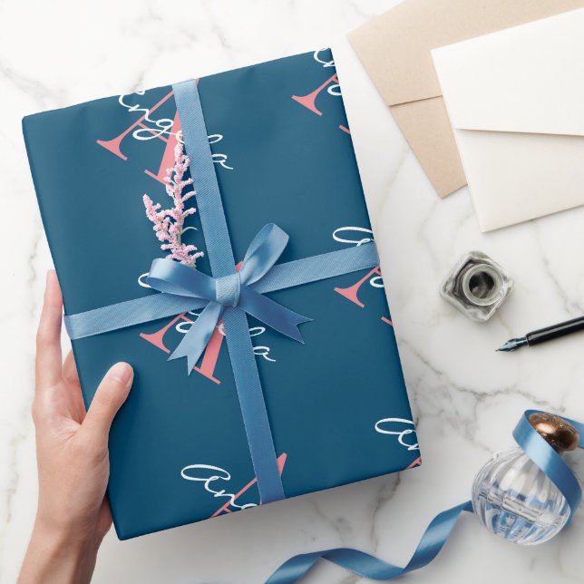 Papel De Regalo Navidades de moda azul y rosa monograma personaliz (Regalar)