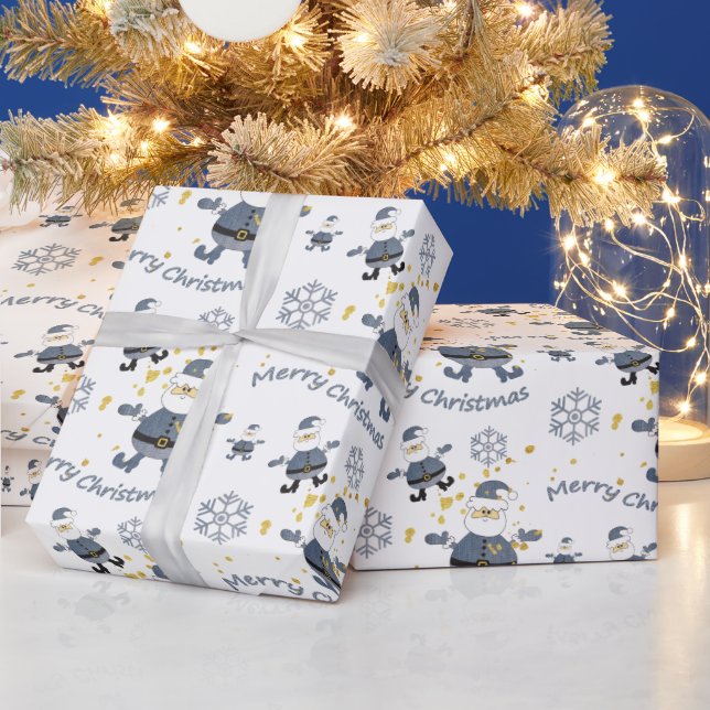 Papel De Regalo Navidades de moda Blue Gold Denim Santa Pattern (Vacaciones)