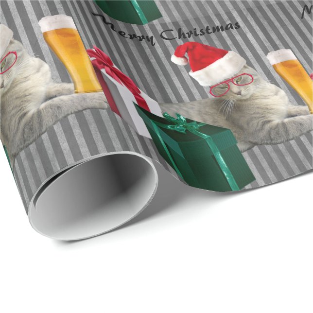 Papel De Regalo Navidades de moda divertidos Santa cat con cerveza (Esquina del rollo)