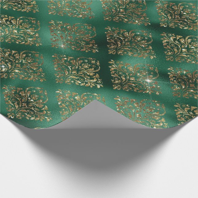 Papel De Regalo Navidades de Moda elegantes de Damask Green Gold (Esquina)