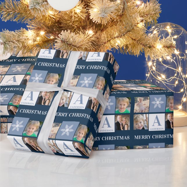 Papel De Regalo Navidades de Monograma Azul con copo de nieve coll (Vacaciones)