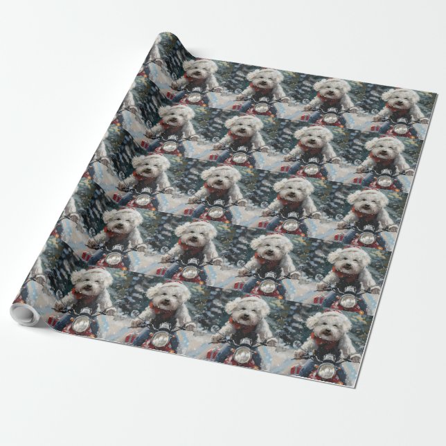 Papel De Regalo Navidades de motocicletas Bichon Frise Dog Riding (Desenrollado)