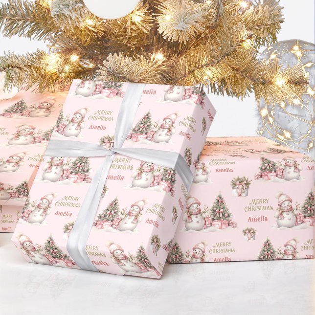 Papel De Regalo Navidades de muñeco de nieve añejo Chica rosa añej (Cute Snowman Christmas Vintage Pink Girl Name Text Wrapping Paper)