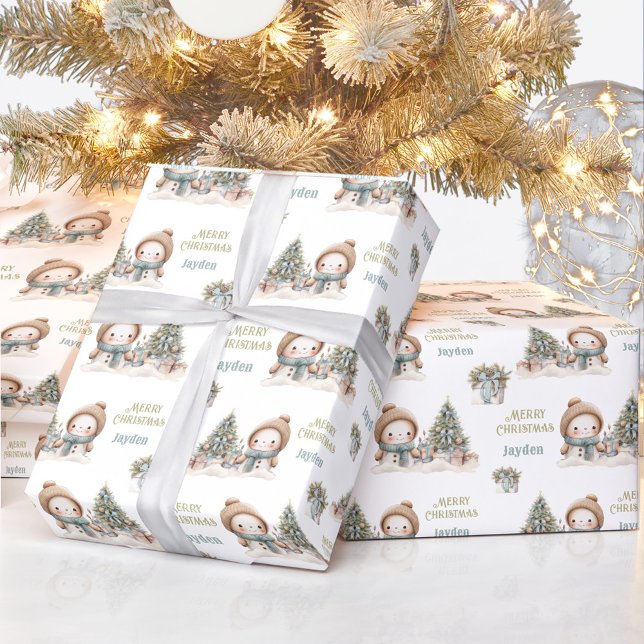 Papel De Regalo Navidades de muñeco de nieve con nombre azul vinta (Cute Snowman Christmas Vintage Blue Name Text Wrapping Paper)
