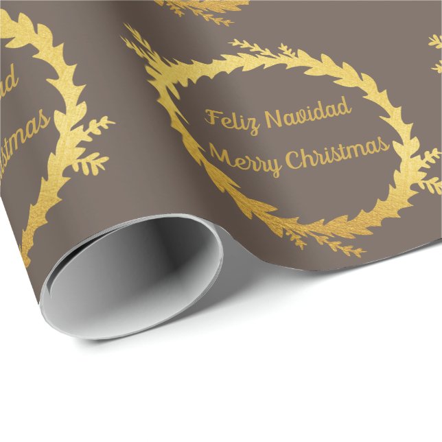 Papel De Regalo Navidades de navidad de oro en castaño bilingüe (Esquina del rollo)