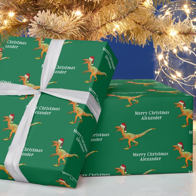 Papel De Regalo Navidades de nombre de niño personalizado Raptor d (Personalized boy name merry Christmas dinosaur green wrapping paper fun Velociraptor in a Santa Hat)