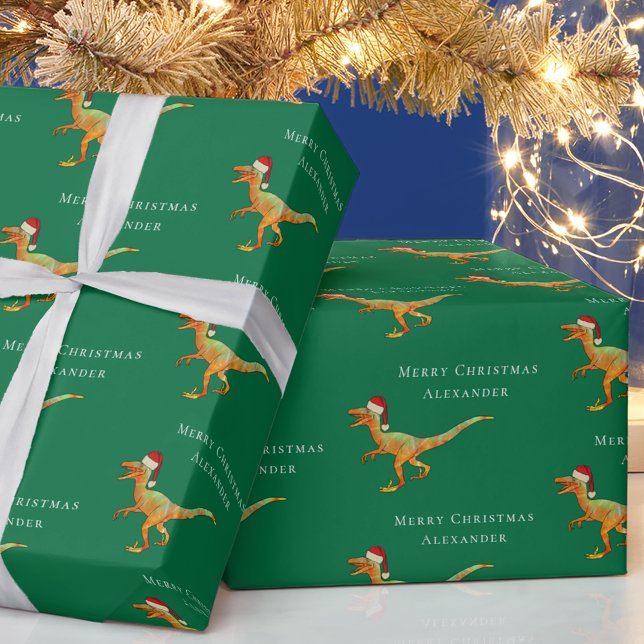 Papel De Regalo Navidades de nombre de niño personalizado Raptor d (Personalized boy name merry Christmas dinosaur raptor green gift wrap Santa Velociraptor dino)