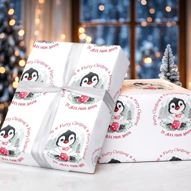 Papel De Regalo Navidades de nombres personalizados de pingüino de (Cute Penguin Personalized Christmas Wrapping Paper)